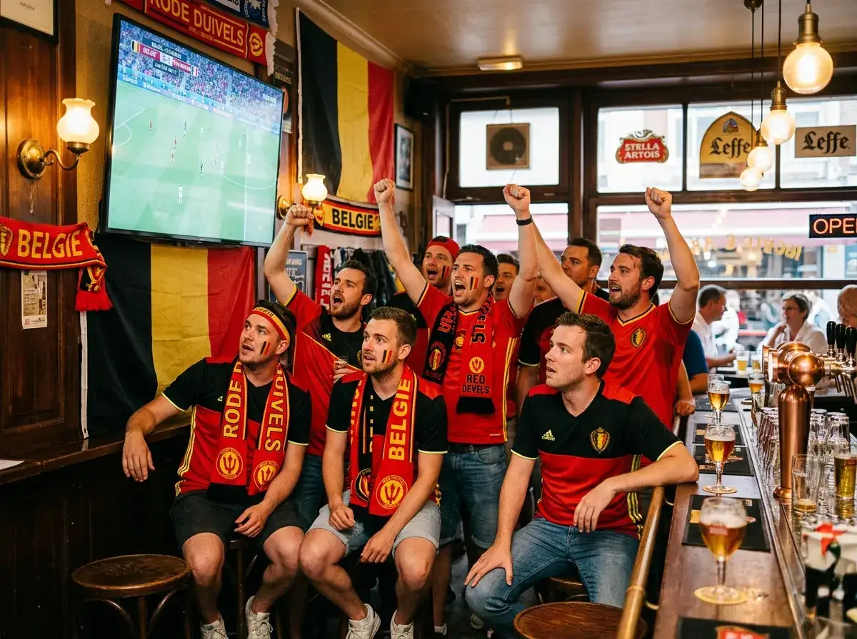 Groep voetbalfans in Belgische kleuren die samen naar een wedstrijd kijken op een groot scherm in een cafe