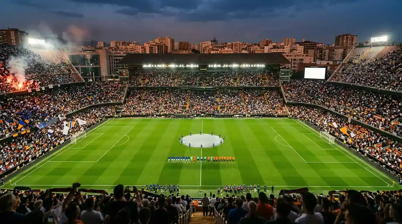 Sfeerbeeld van een avondwedstrijd op het WK 2026 met vol stadion onder de schijnwerpers