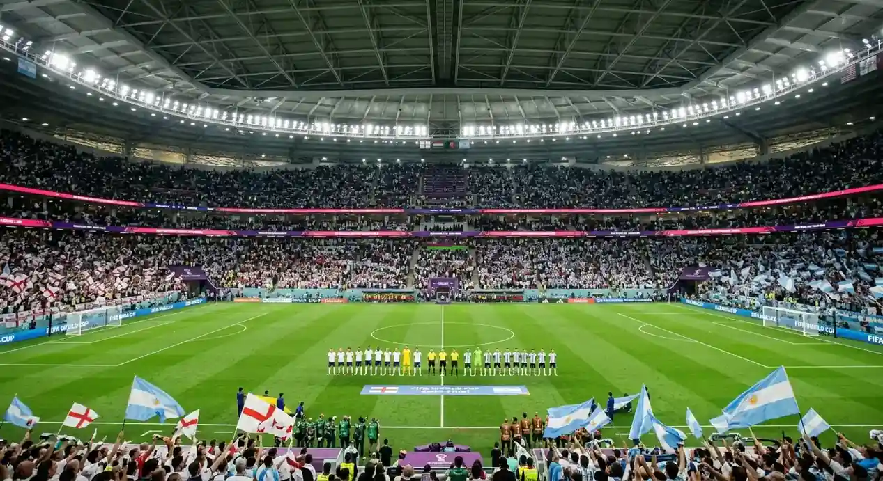 Sfeerbeeld van een WK 2026-halve finale in een groot overdekt stadion, avondwedstrijd met vol publiek