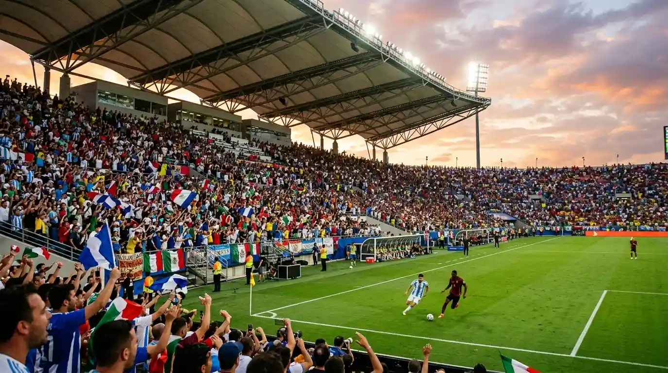 Sfeerbeeld van een WK 2026-kwartfinale in een stadion in Miami, warme avond met vol publiek