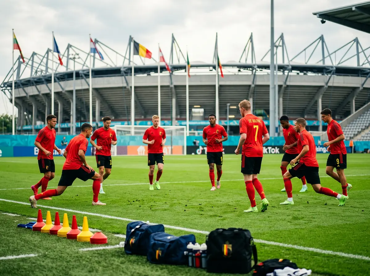 Voetbalspelers in rode shirts tijdens een opwarming op een groen trainingsveld met nationale vlaggen op de achtergrond