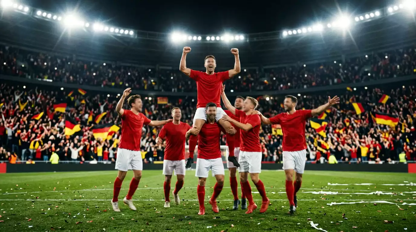 Sfeerbeeld van de Rode Duivels die de groepswinst op het WK 2026 vieren in een vol stadion