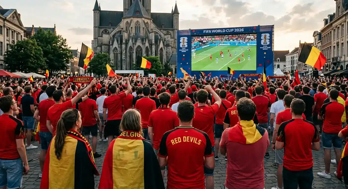 Belgische supporters in rode shirts kijken naar een grote wedstrijd op een plein