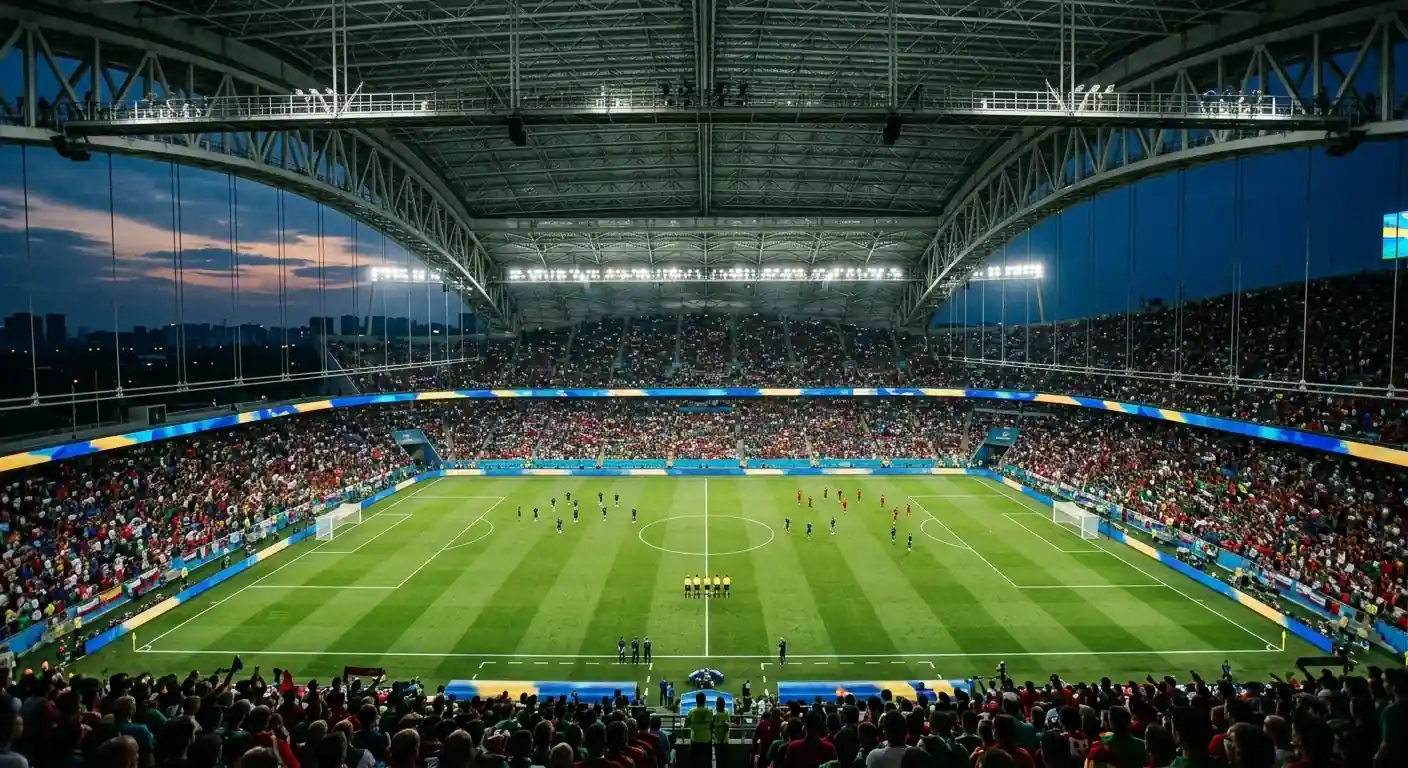 Sfeerbeeld van een WK 2026-kwartfinale in een groot overdekt stadion, avondwedstrijd met vol publiek