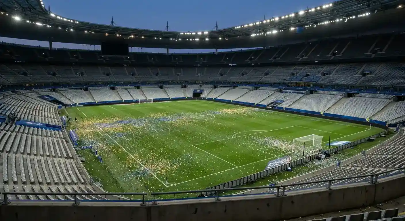 Leeg voetbalstadion na afloop van een groot toernooi met confetti op het veld