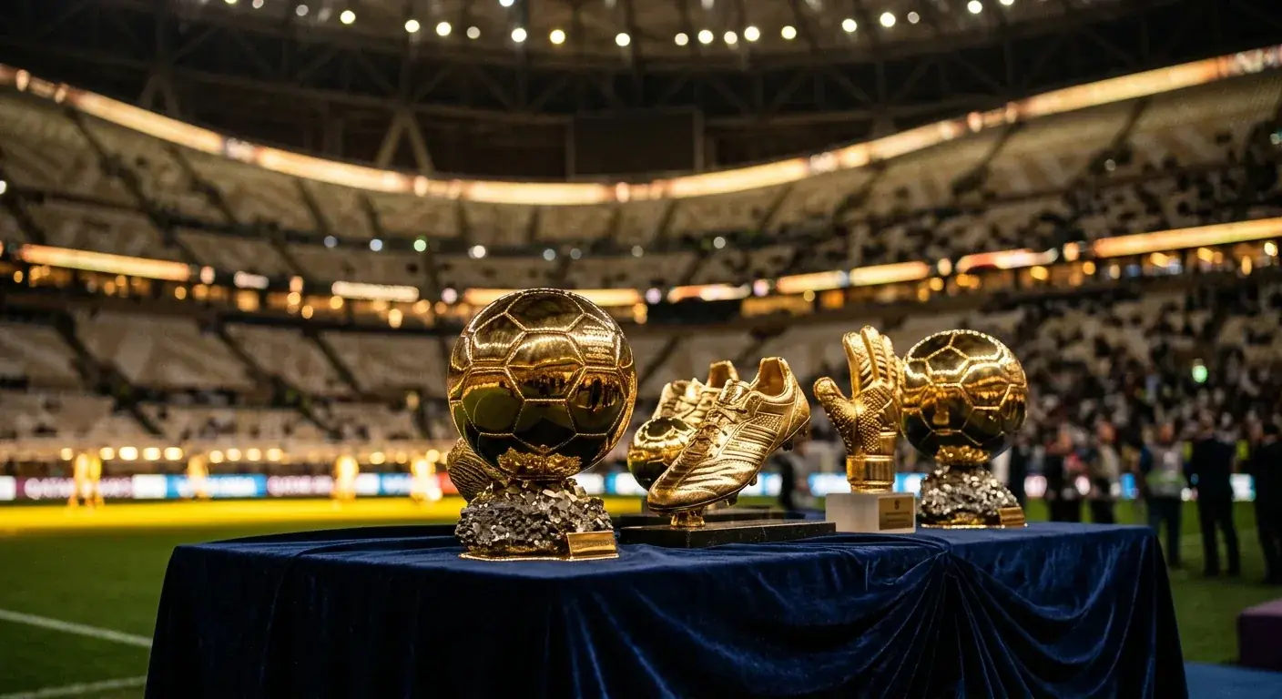 Individuele voetbaltrofeeën opgesteld op een tafel voor een prijsuitreiking in een stadion