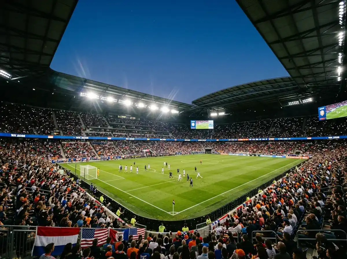 Panoramisch uitzicht op een vol voetbalstadion in de Verenigde Staten tijdens een internationaal toernooi bij avondlicht