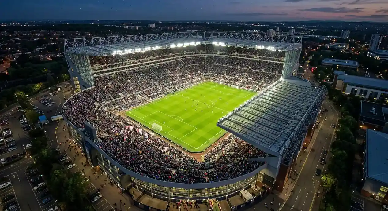 Groot vol voetbalstadion van bovenaf gezien tijdens een avondwedstrijd