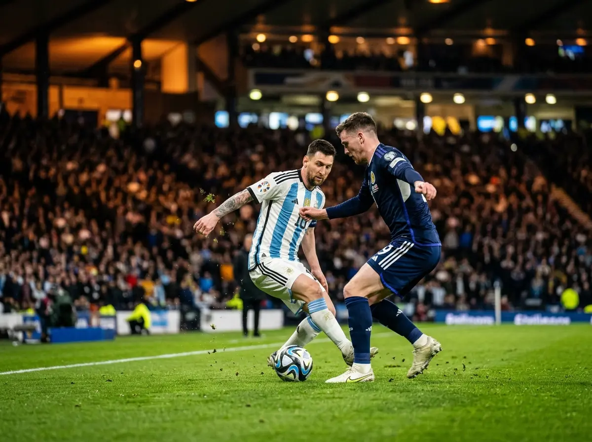 Dynamisch voetbalmoment tijdens een internationale wedstrijd met twee spelers in een duel om de bal onder felle stadionverlichting