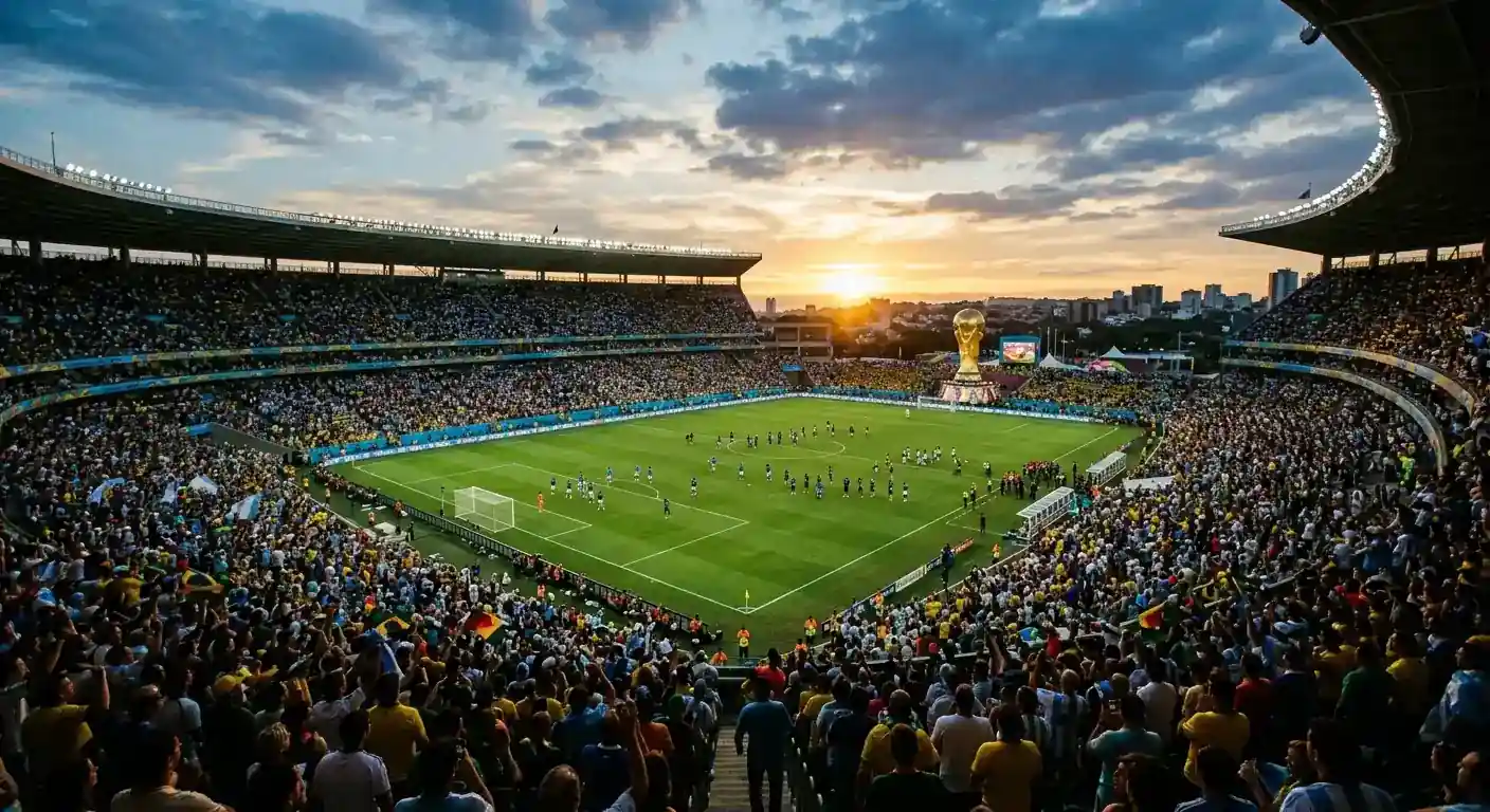Sfeerbeeld van de aanloop naar een WK-finale, een groot open stadion met tribunes vol supporters