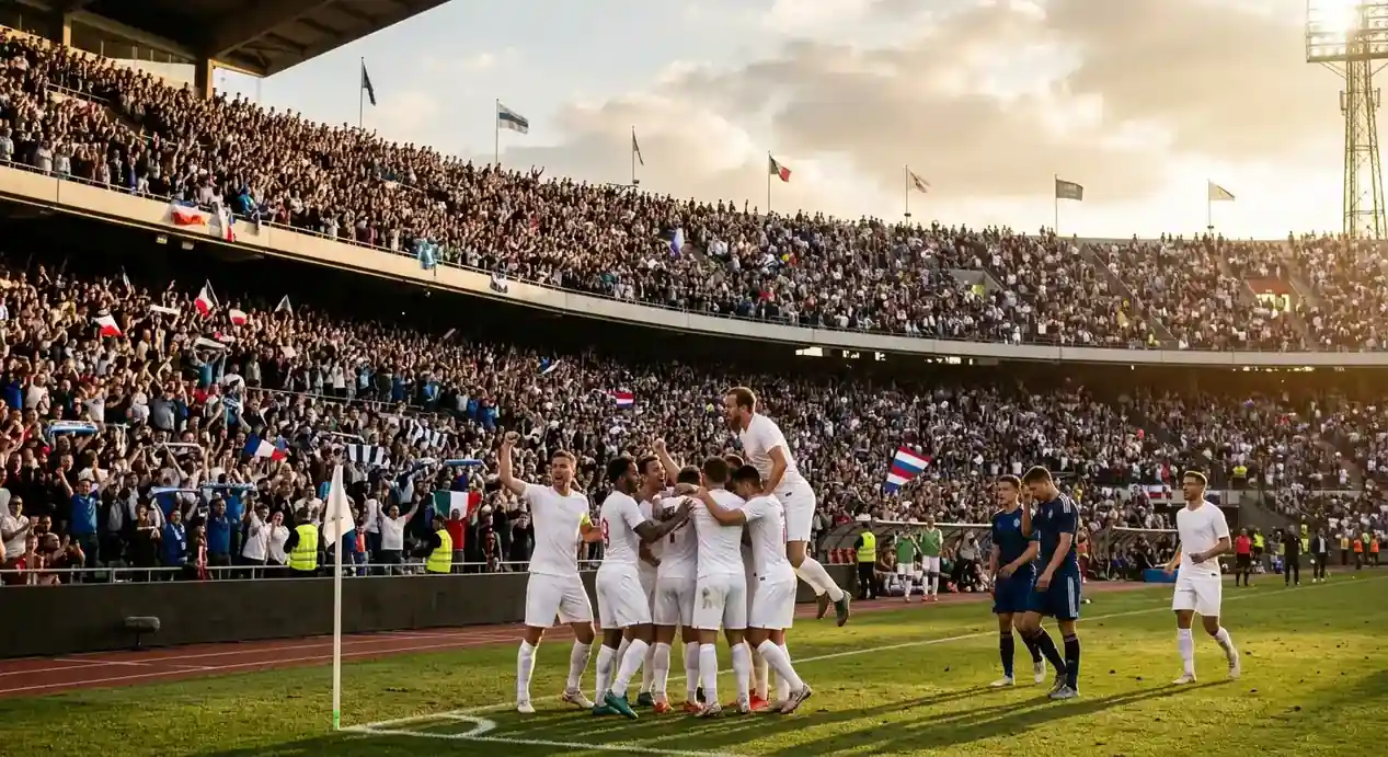 Vol stadion tijdens een WK-finale bij avondlicht, spelers in het wit vieren een laat doelpunt