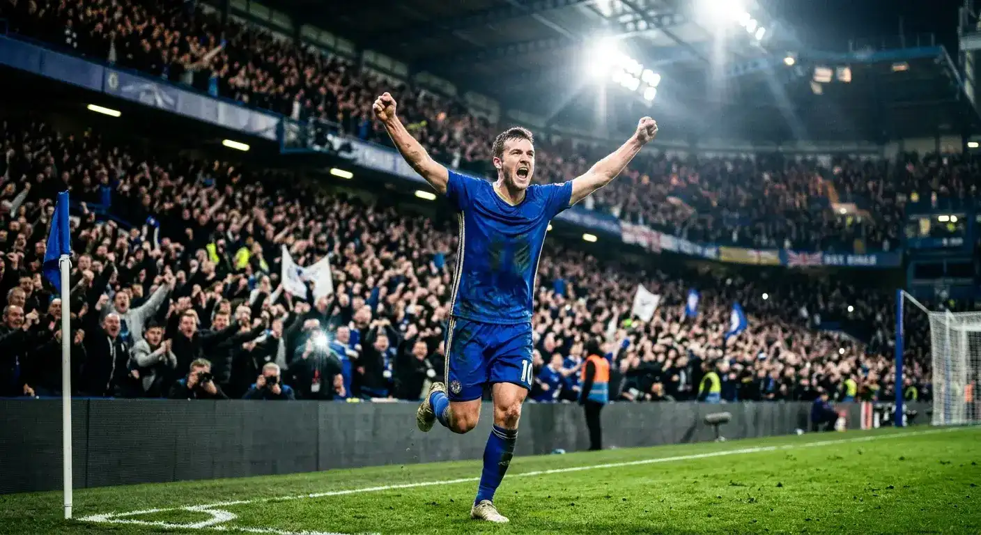 Sfeerbeeld van een WK-aanvaller die een doelpunt viert voor een vol stadion
