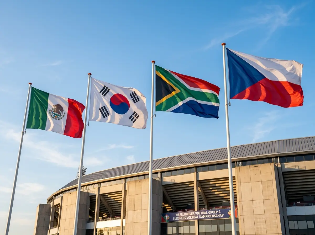 Vlaggen van Mexico, Zuid-Korea, Zuid-Afrika en Tsjechië als deelnemers van Groep A op het WK 2026