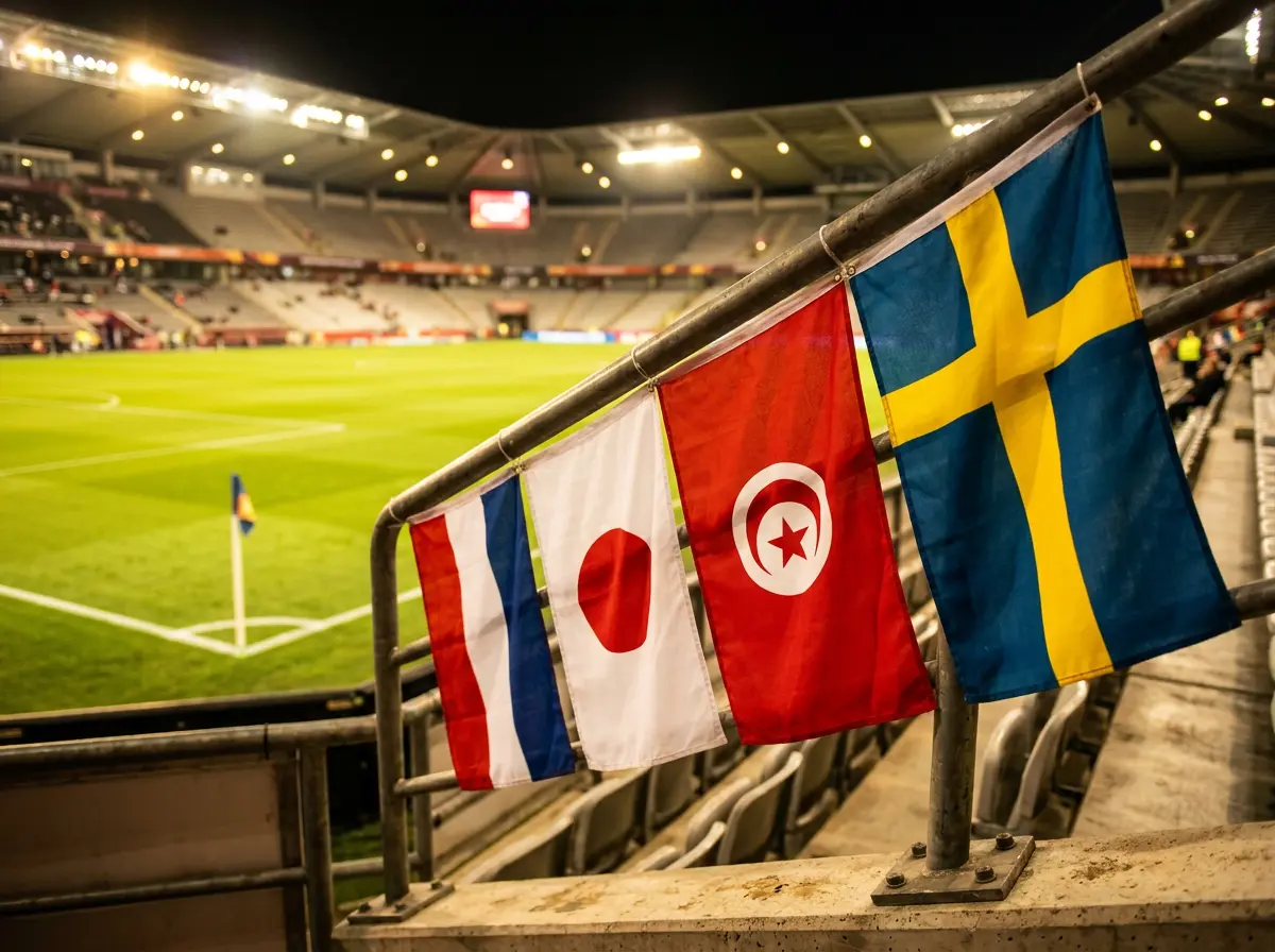 Overzicht van WK 2026 Groep F met de vlaggen van Nederland, Japan, Tunesië en Zweden