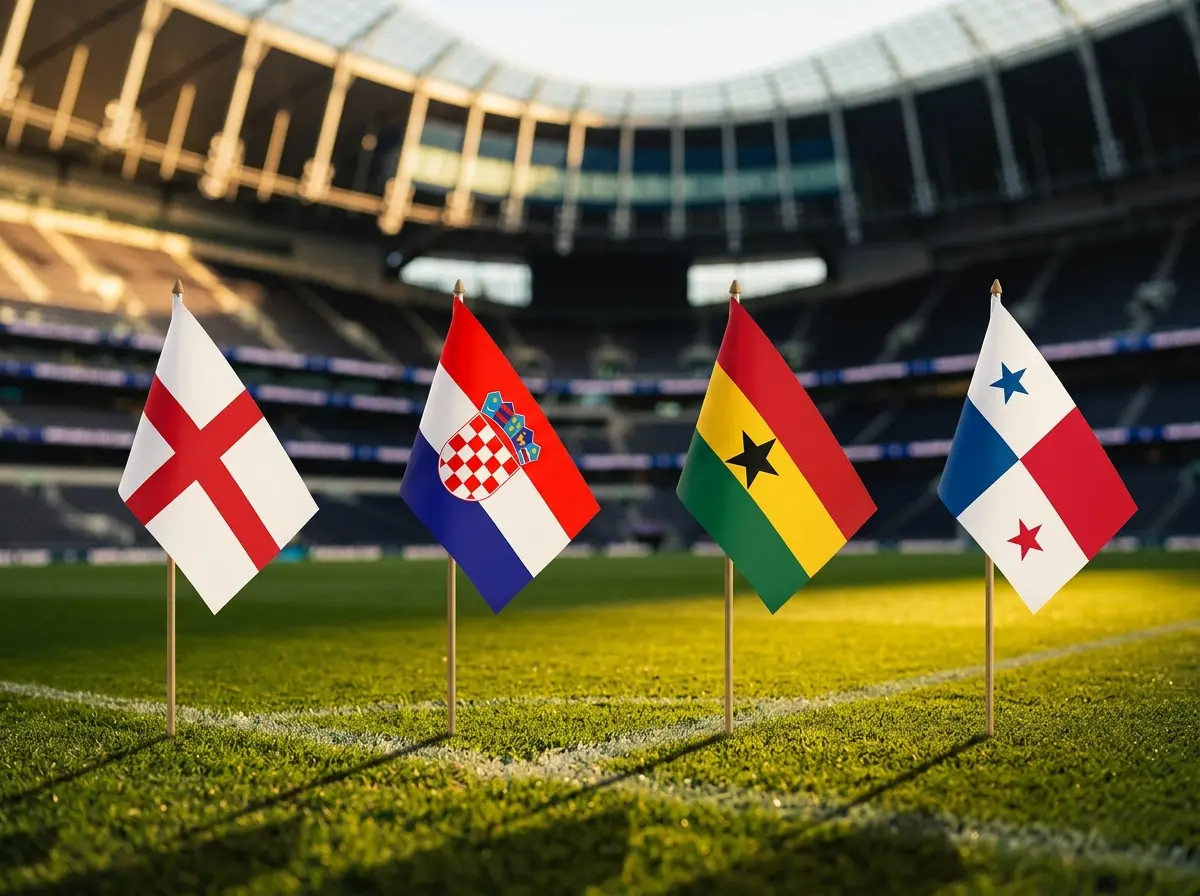 Overzicht van WK 2026 Groep L met de vlaggen van Engeland, Kroatië, Ghana en Panama