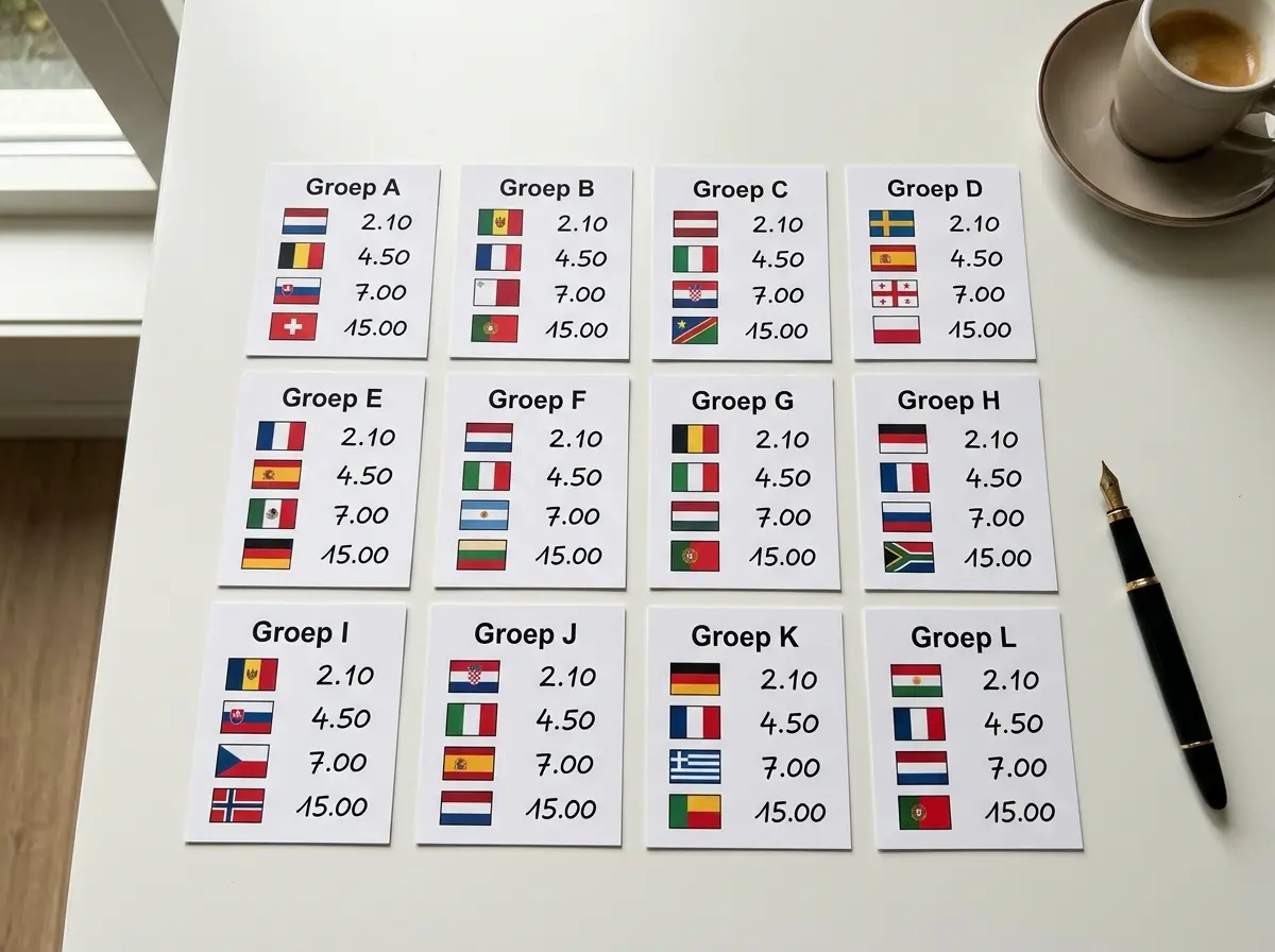 Vergelijkend overzicht van groepswinnaar quoteringen voor alle twaalf WK 2026 poules