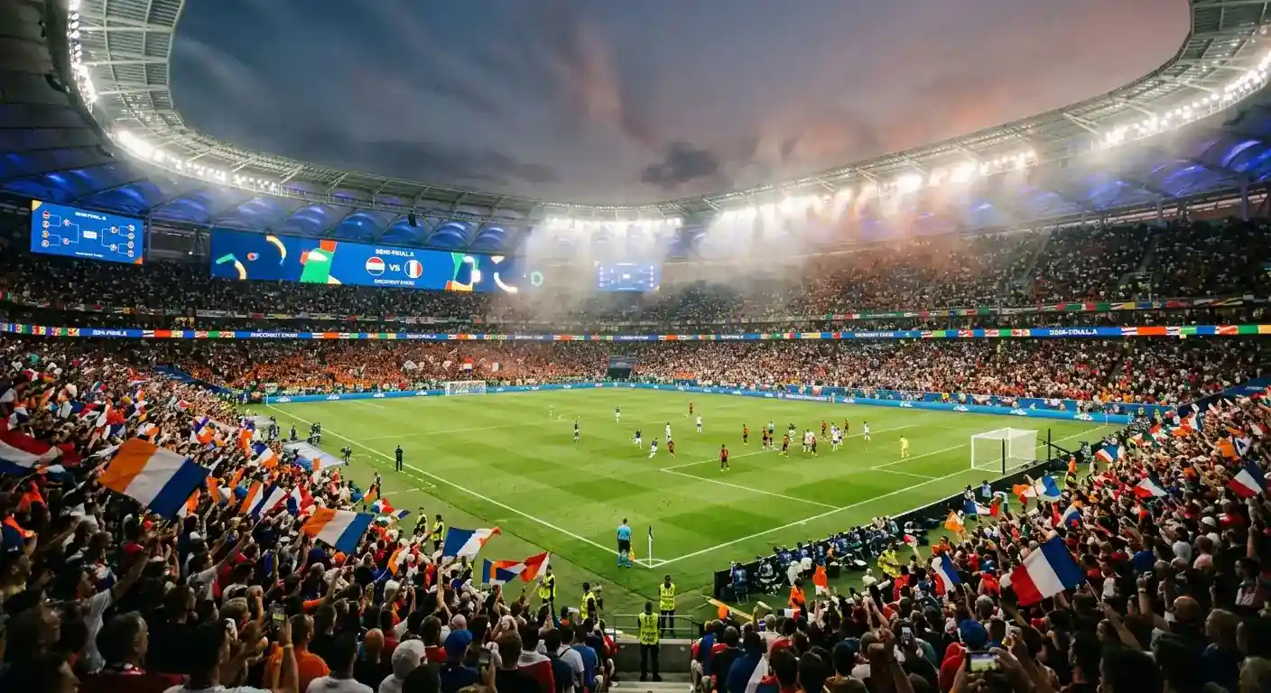 Sfeerbeeld van de knock-outfase op het WK 2026, een groot stadion tijdens een halvefinaleavond