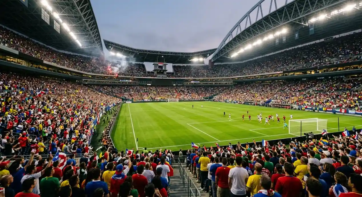 Sfeerbeeld van de knock-outfase op het WK 2026, een groot stadion tijdens een kwartfinaleavond