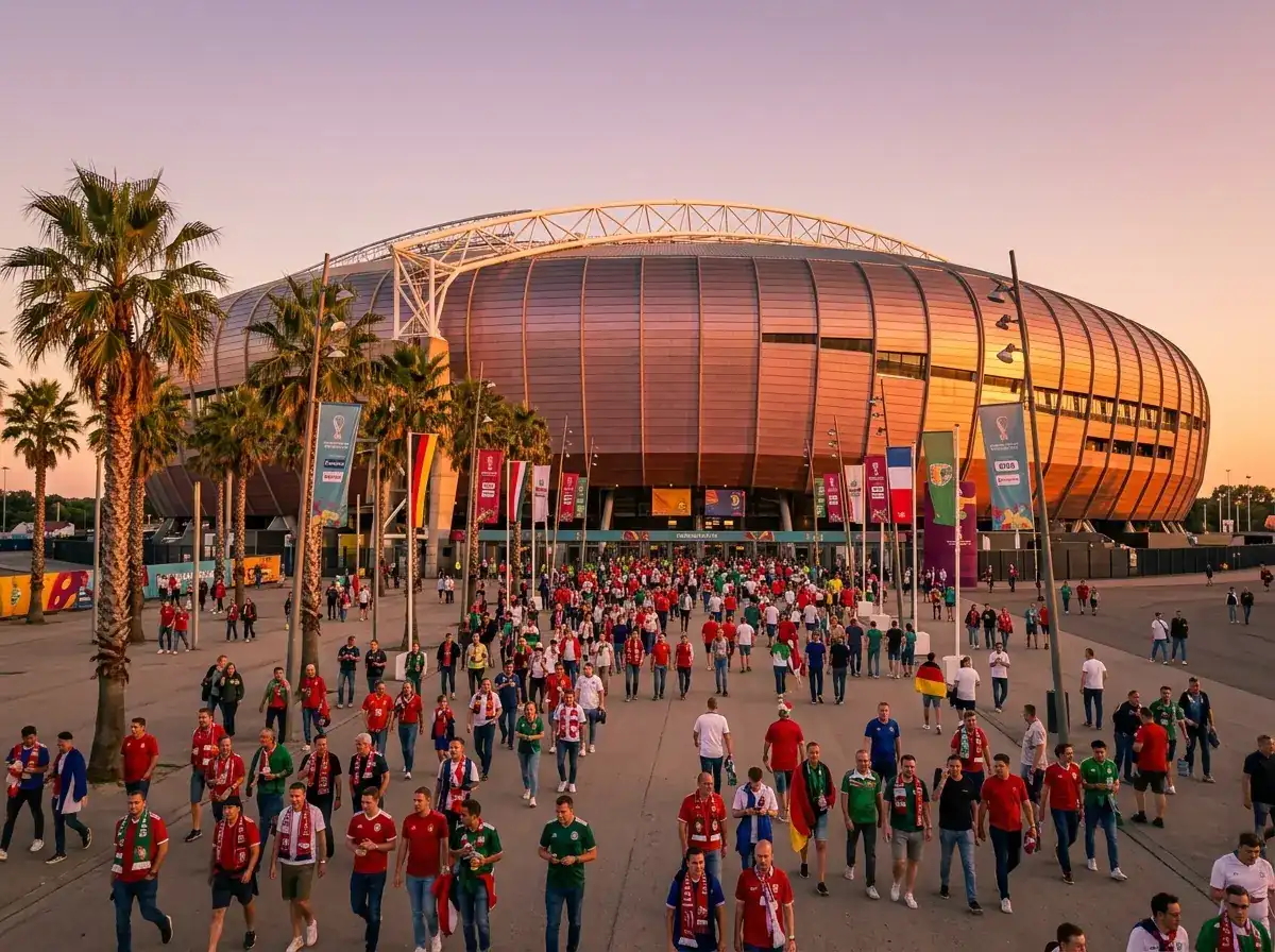 Modern Amerikaans voetbalstadion van buitenaf gezien bij zonsondergang met supporters die richting de ingang lopen
