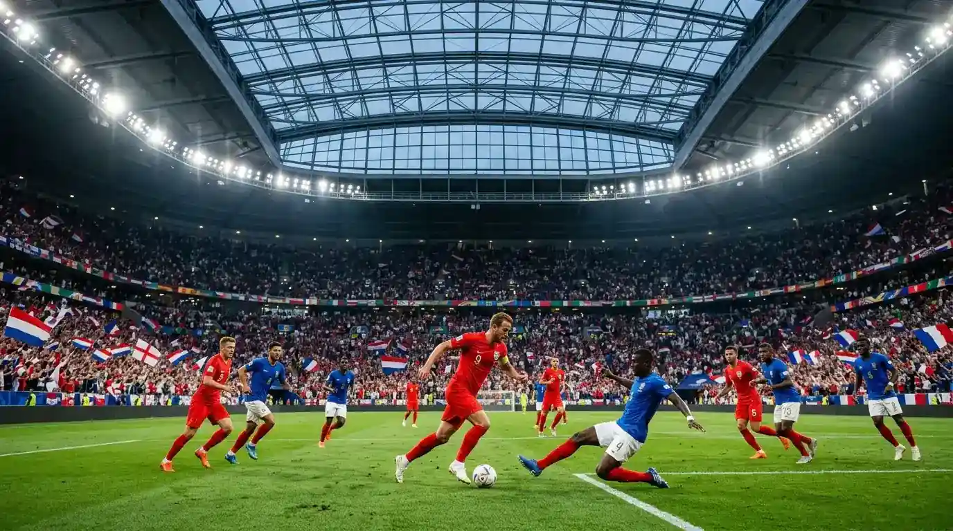 Sfeerbeeld van een WK 2026-halve finale onder het gesloten dak van een groot Amerikaans stadion