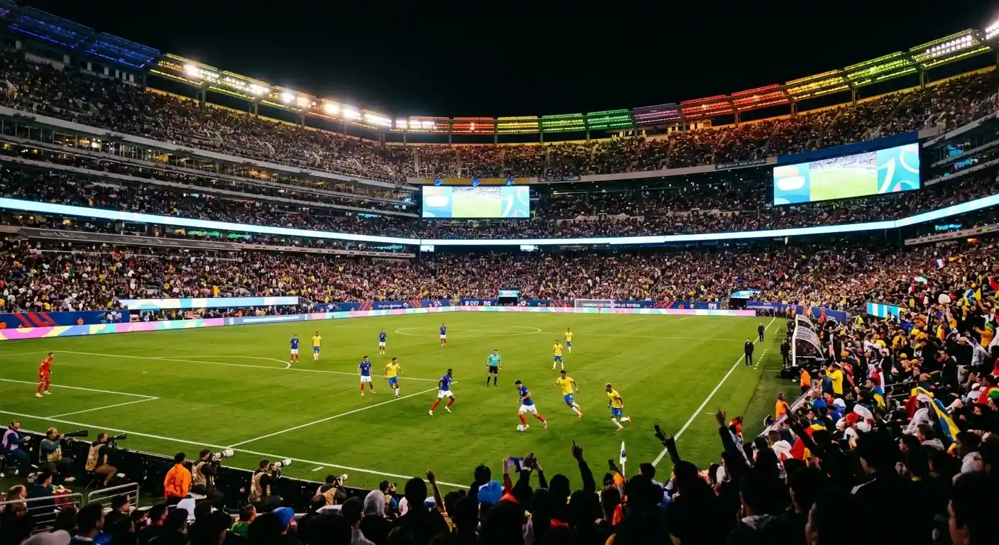 Sfeerbeeld van een WK 2026-kwartfinale onder de lichten van een vol Amerikaans stadion